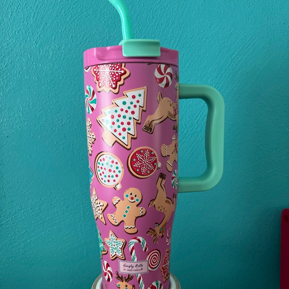 Simply Belle by simply southern Pink Holiday Tumbler with Teal Straw- new